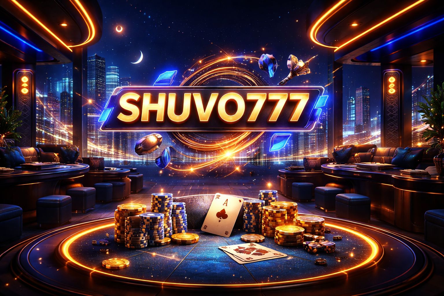 Stylized gaming scene with glowing chips, cards, and a premium digital platform atmosphere representing SHUVO777 in Bangladesh