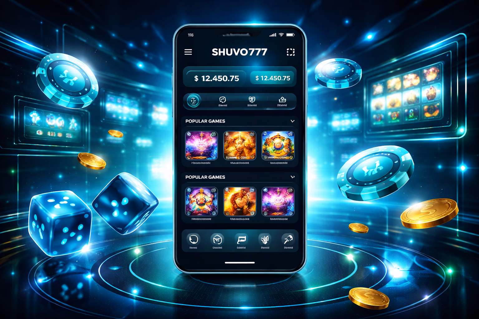 Android smartphone with SHUVO777 app dashboard, colorful gaming symbols and a sleek mobile interface