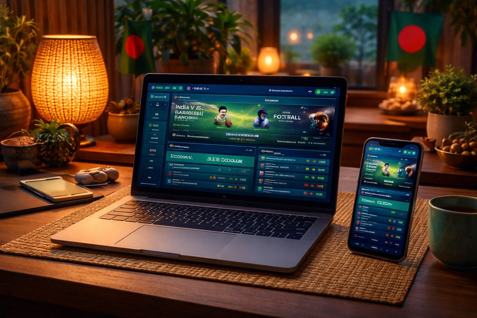 Home betting setup with laptop and phone displaying SHUVO777 sports markets for cricket and football in Bangladesh