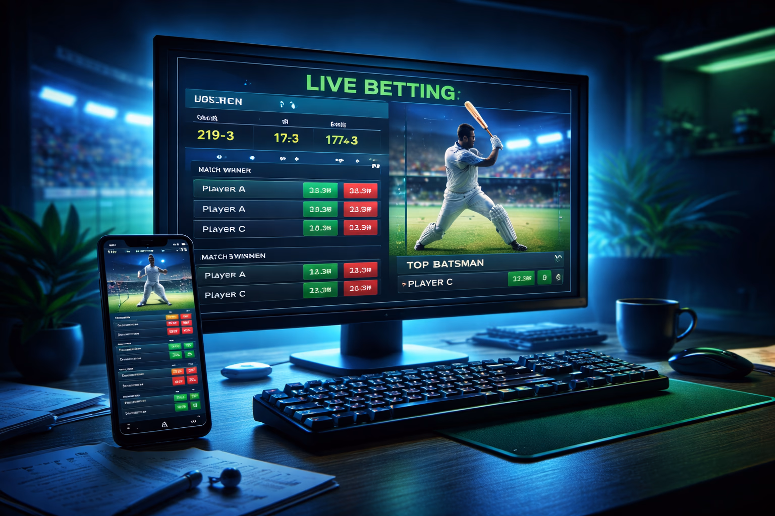 Digital live betting scene with SHUVO777 sports interface on mobile and desktop during an active cricket match