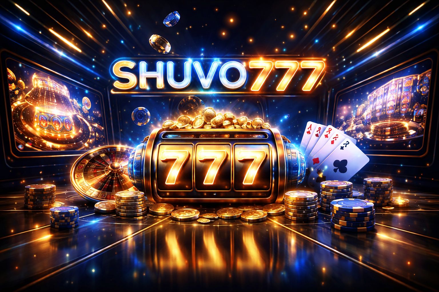 Dynamic digital casino display with SHUVO777 branding, glowing reels, cards and chips in a polished online gaming scene for Bangladesh