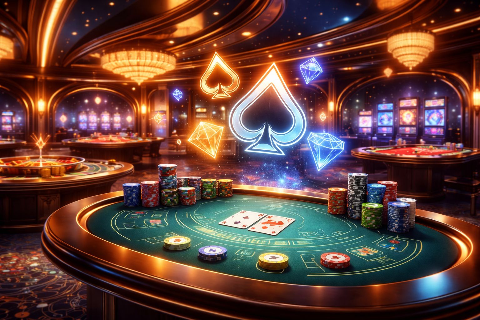 Elegant online casino atmosphere with illuminated table setup, digital chips and premium gaming visuals representing SHUVO777 in Bangladesh