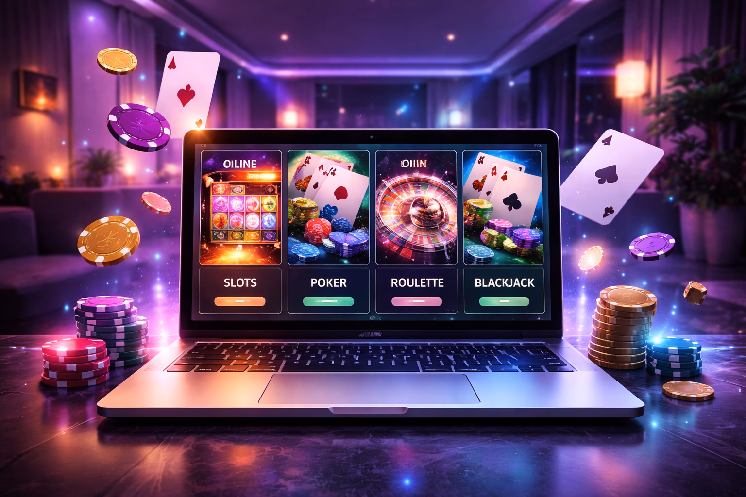 Modern laptop presenting SHUVO777 game categories with bright casino visuals and a clean user interface