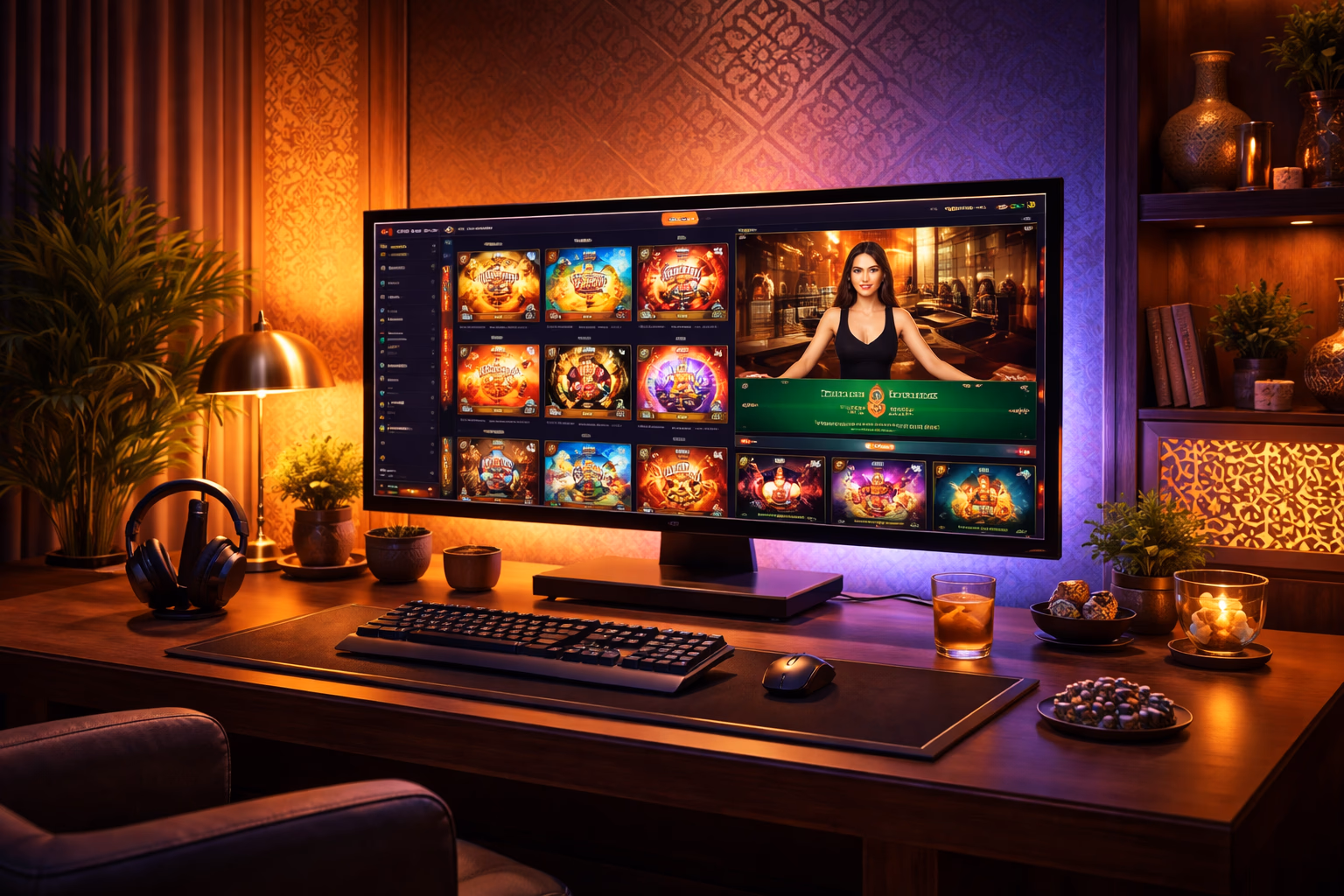Stylish gaming room scene with SHUVO777 interface glowing on a monitor in a modern Bangladesh-inspired setting